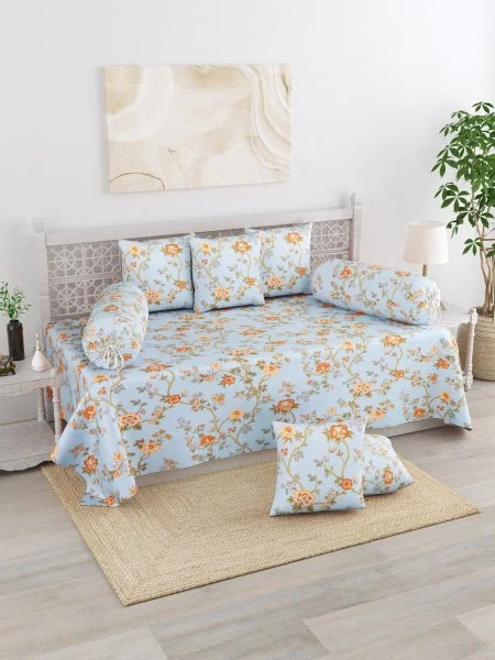 Light Blue Orange Floral Print Pure Cotton Diwan Sets