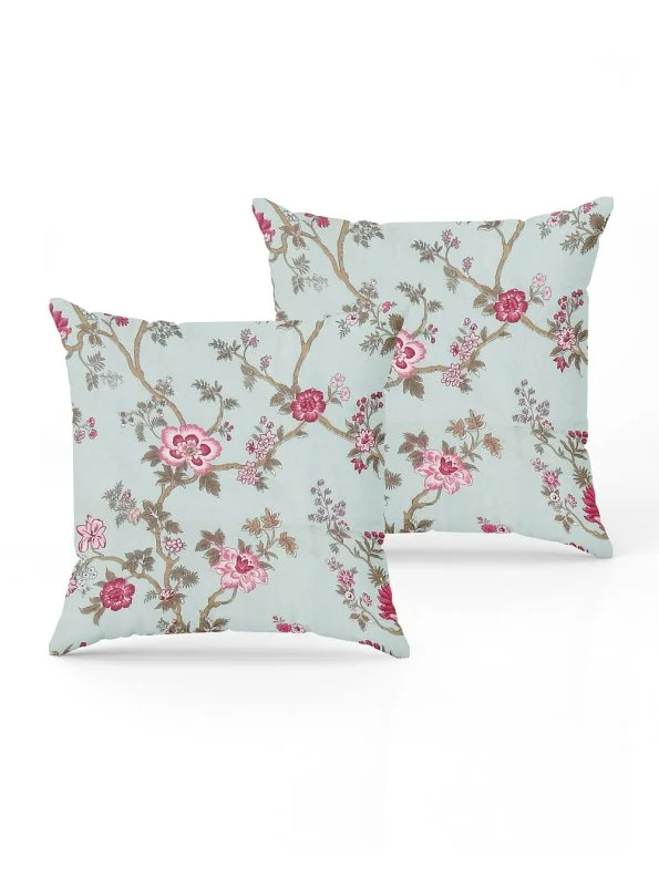 Light Green Pink Floral Print Pure Cotton Diwan Set Cushion cover