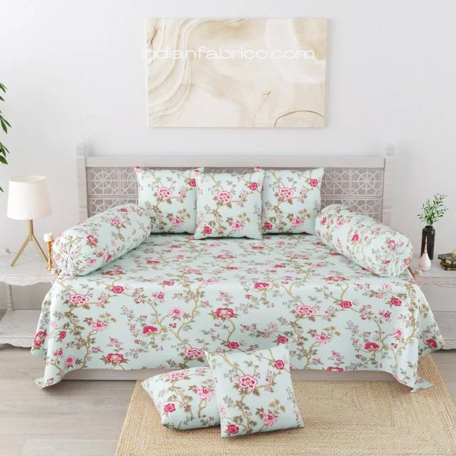 Light Green Pink Floral Print Pure Cotton Diwan Set