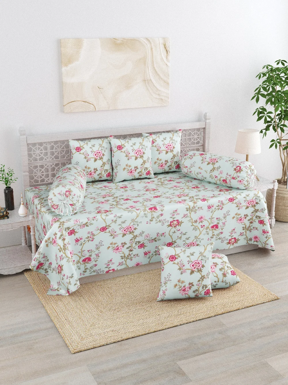 Light Green Pink Floral Print Pure Cotton Diwan Sets