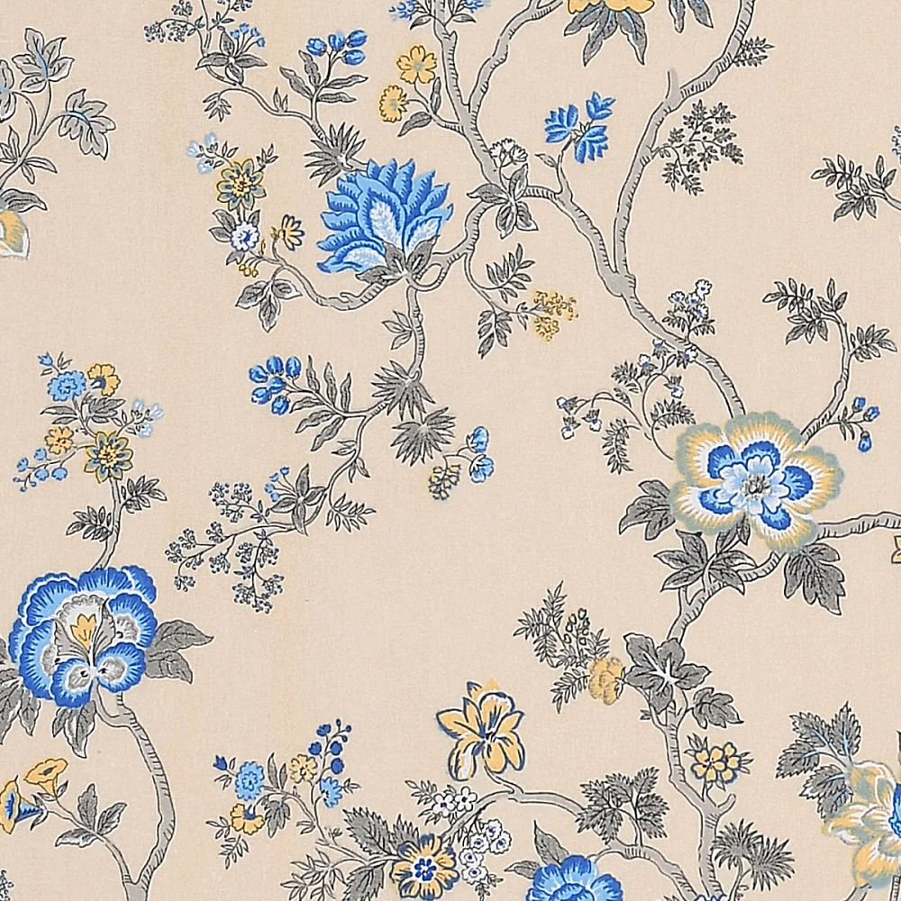 Light Yellow Blue Floral Print Pure Cotton Diwan Set Closeup Light Yellow Blue Floral Print Pure Cotton Diwan Set Closeup