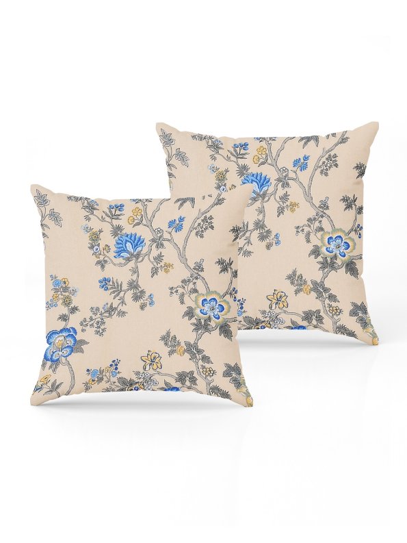 Light Yellow Blue Floral Print Pure Cotton Diwan Set Cushion Covers