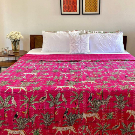 Pink African Savanna Kantha Double Bedcover