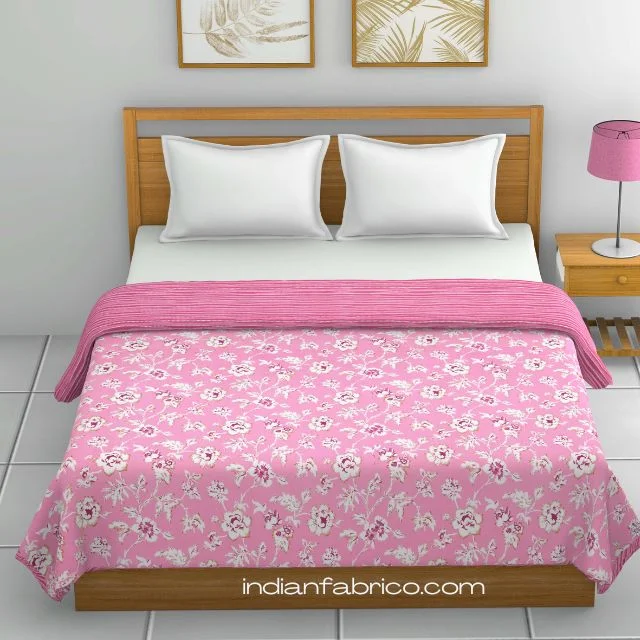 Pink Base White Flowers Bunch Pure Cotton Reversible Double Bed Dohar Pink Base White Flowers Bunch Pure Cotton Reversible Double Bed Dohar
