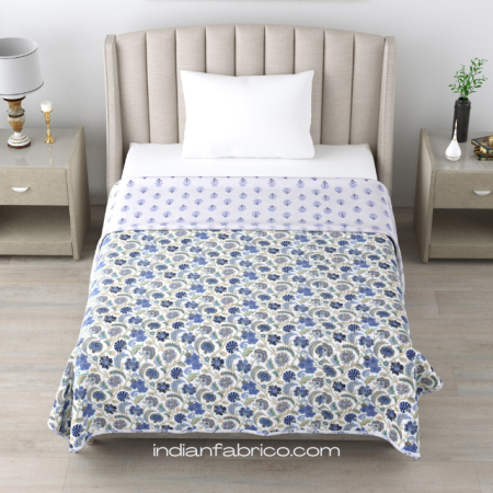 Blue Floral Jaal Print Reversible Single Bed Dohar