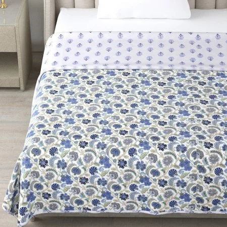 Blue Floral Jaal Print Reversible Single Bed Dohars
