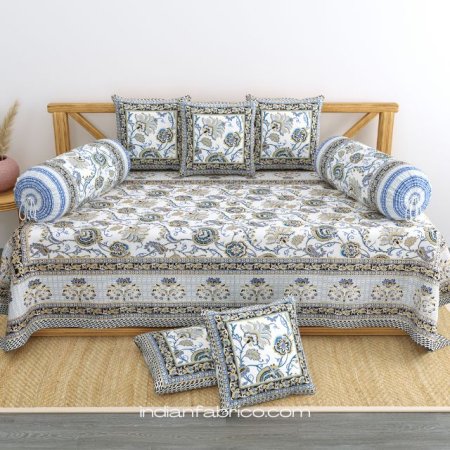 Blue Gold Floral Print Pure Cotton Diwan Set