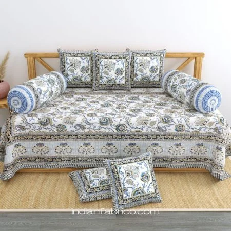 Blue Gold Floral Print Pure Cotton Diwan Set