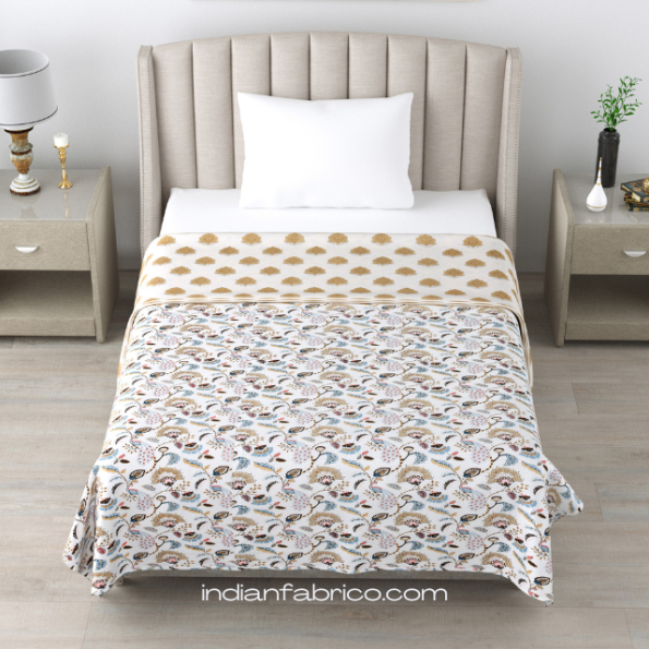 Blue Peacock Feather Print Reversible Single Bed Dohar
