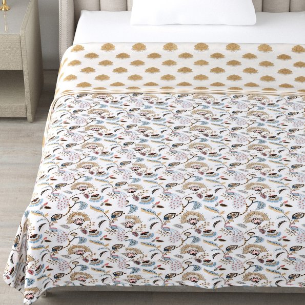 Blue Peacock Feather Print Reversible Single Bed Dohars