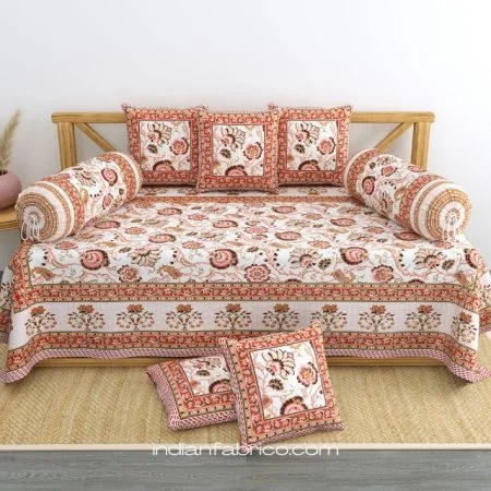 Dark Orange Jaipuri Gold Floral Print Pure Cotton Diwan Set