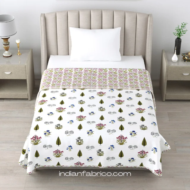 Green Handblock Boota Jaal Print Single Bed Reversible Dohar Green Handblock Boota Jaal Print Single Bed Reversible Dohar