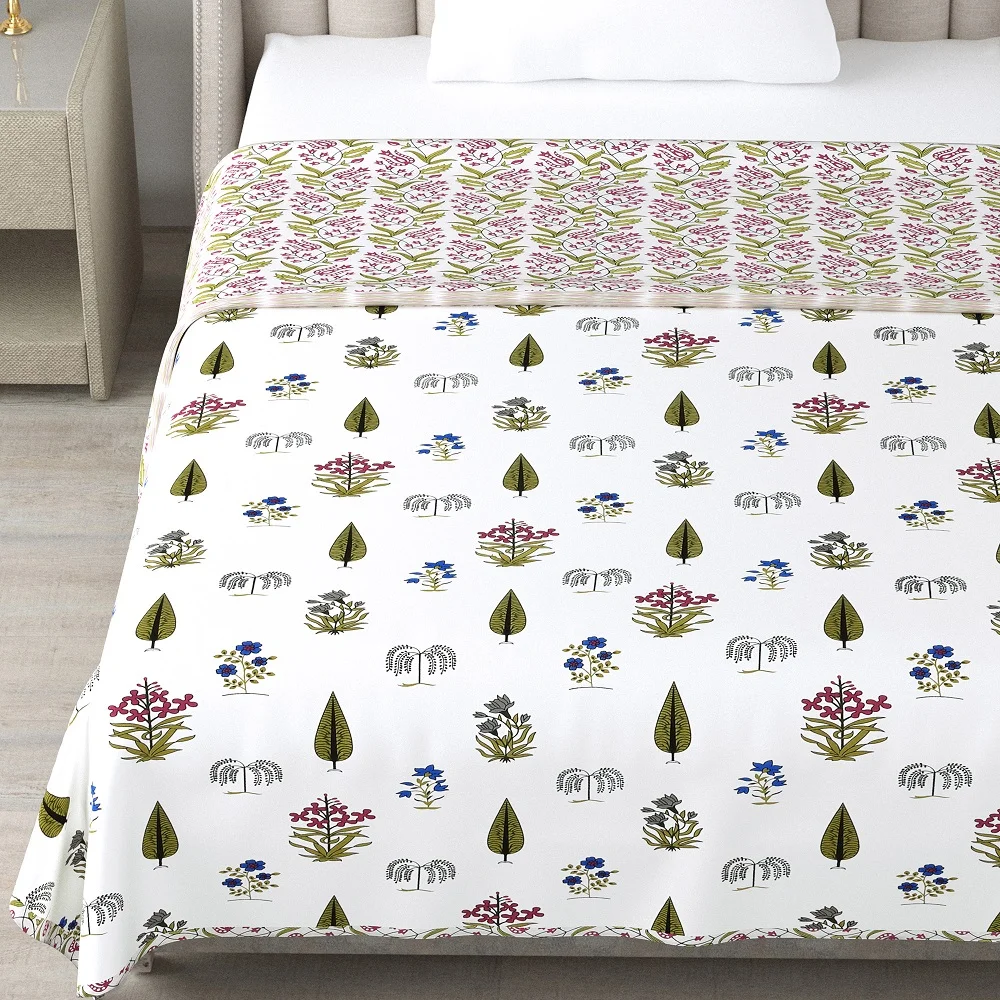 Green Handblock Boota Jaal Print Single Bed Reversible Dohars