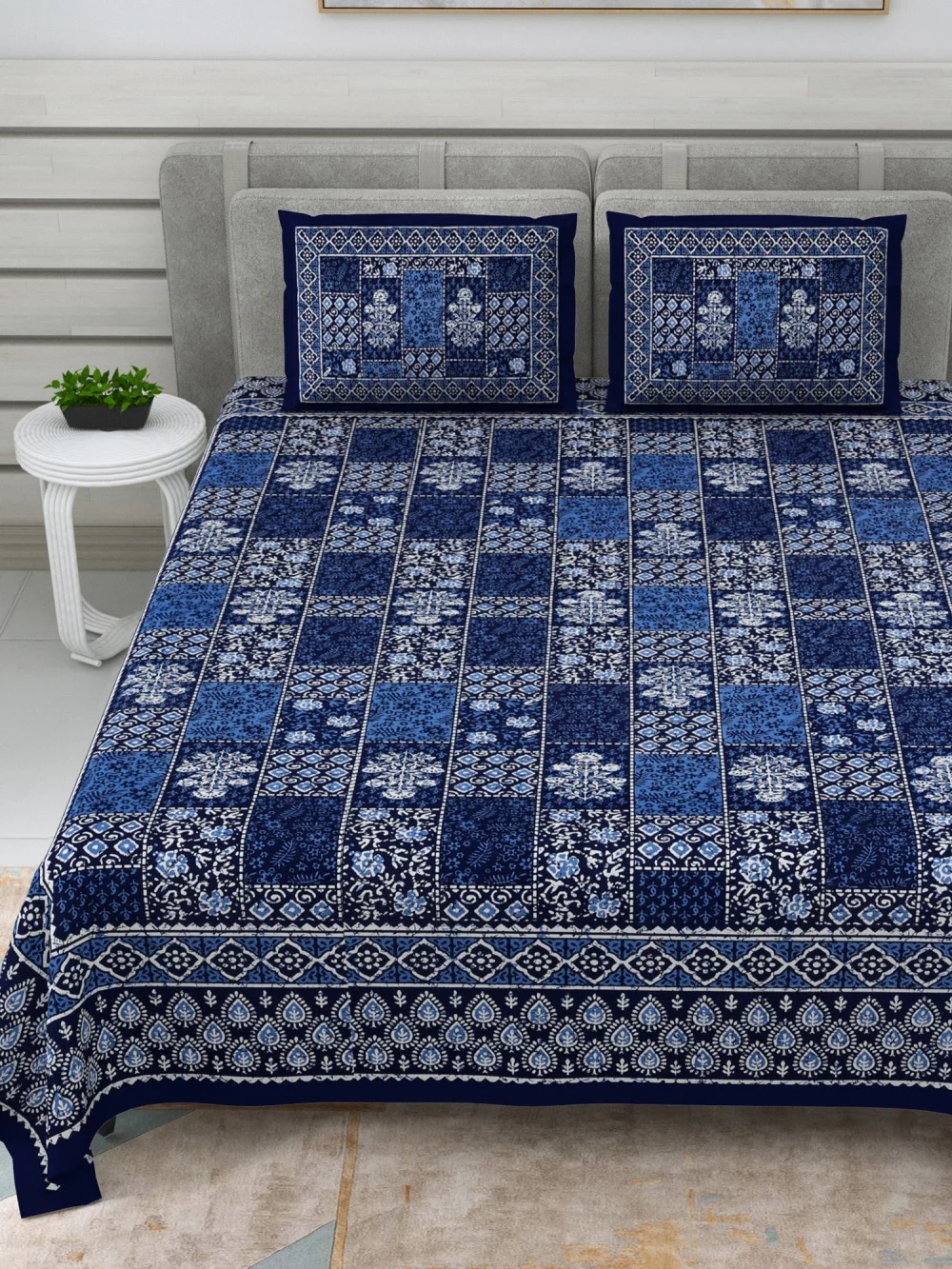 Indigo Jaipuri Blue Floral Jaal Print Double Bedsheets
