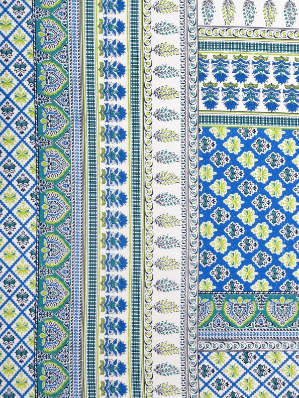 Jaipuri Blue Base Green Floral Jaal Print King Size Bedsheet Closeup