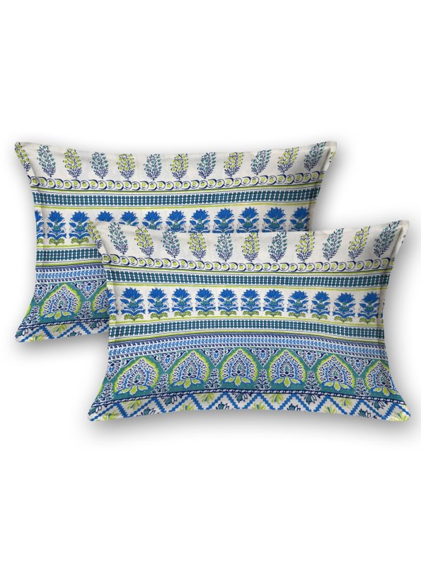 Jaipuri Blue Base Green Floral Jaal Print King Size Bedsheet Pillow Cover