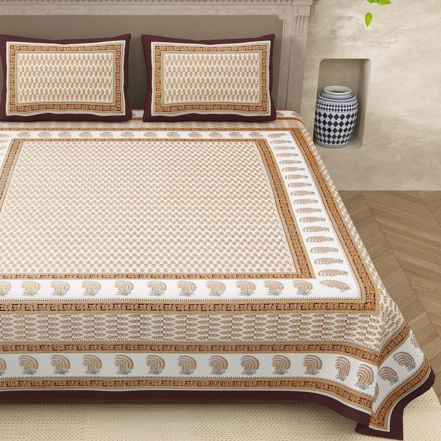 Jaipuri Chocolate Gold Floral Motif Printed Double Bedsheets Jaipuri Chocolate Gold Floral Motif Printed Double Bedsheets