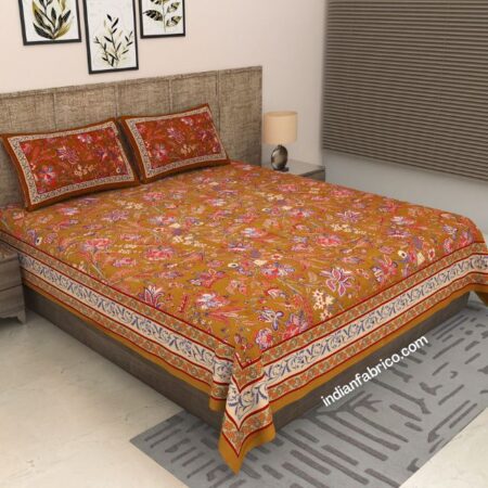 Jaipuri Orange Floral Base Jaal Print King Size Bedsheet (108×108)