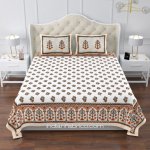 Jaipuri White Base Brown Floral Motif Jaal Print King Size Bedsheet with Two Pillow Cover
