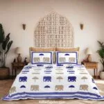 Jaipuri White Blue Rajwada Elephant Print King Size Bedsheet (108×108)