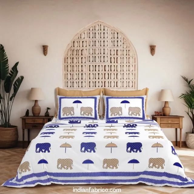 Jaipuri White Blue Rajwada Elephant Print King Size Bedsheet (108×108) Jaipuri White Blue Rajwada Elephant Print King Size Bedsheet (108×108)