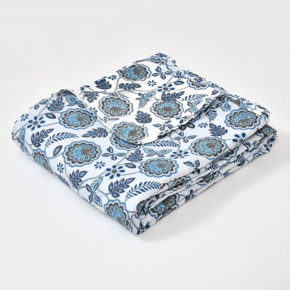 Light Blue Base Floral Print Reversible Double Bed Dohar Frontview
