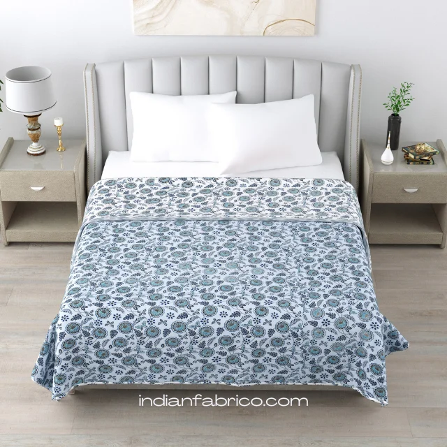 Light Blue Base Floral Print Reversible Double Bed Dohars Light Blue Base Floral Print Reversible Double Bed Dohars