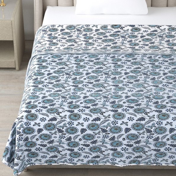 Light Blue Base Floral Print Reversible Single Bed Dohars