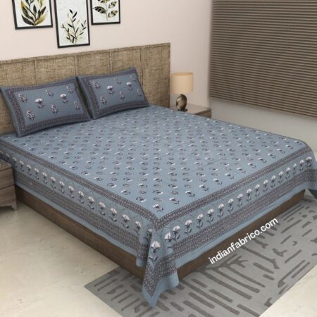 Light Blue White Floral Print Pure Cotton King Size Bedsheet (108×108)