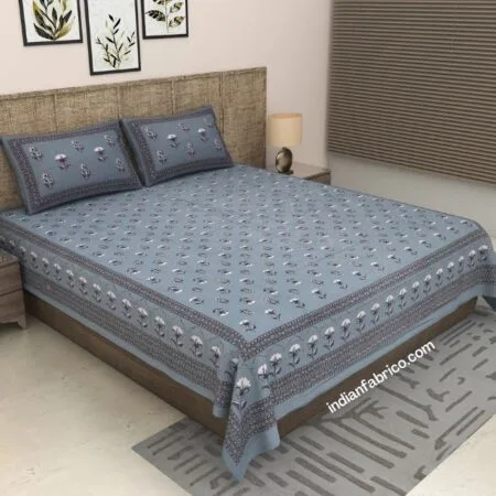 Light Blue White Floral Print Pure Cotton King Size Bedsheet (108×108)