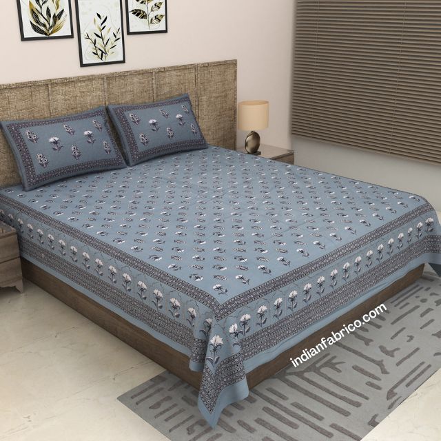 Light Blue White Floral Print Pure Cotton King Size Bedsheet (108×108) Light Blue White Floral Print Pure Cotton King Size Bedsheet (108×108)