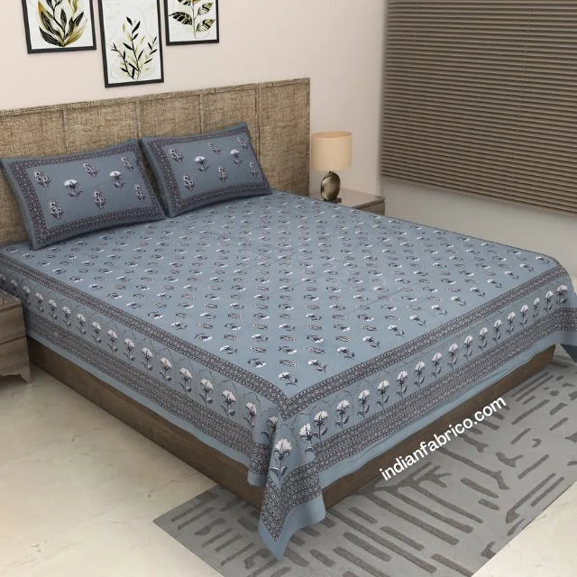 Light Blue White Floral Print Pure Cotton King Size Bedsheet (108×108) Light Blue White Floral Print Pure Cotton King Size Bedsheet (108×108)