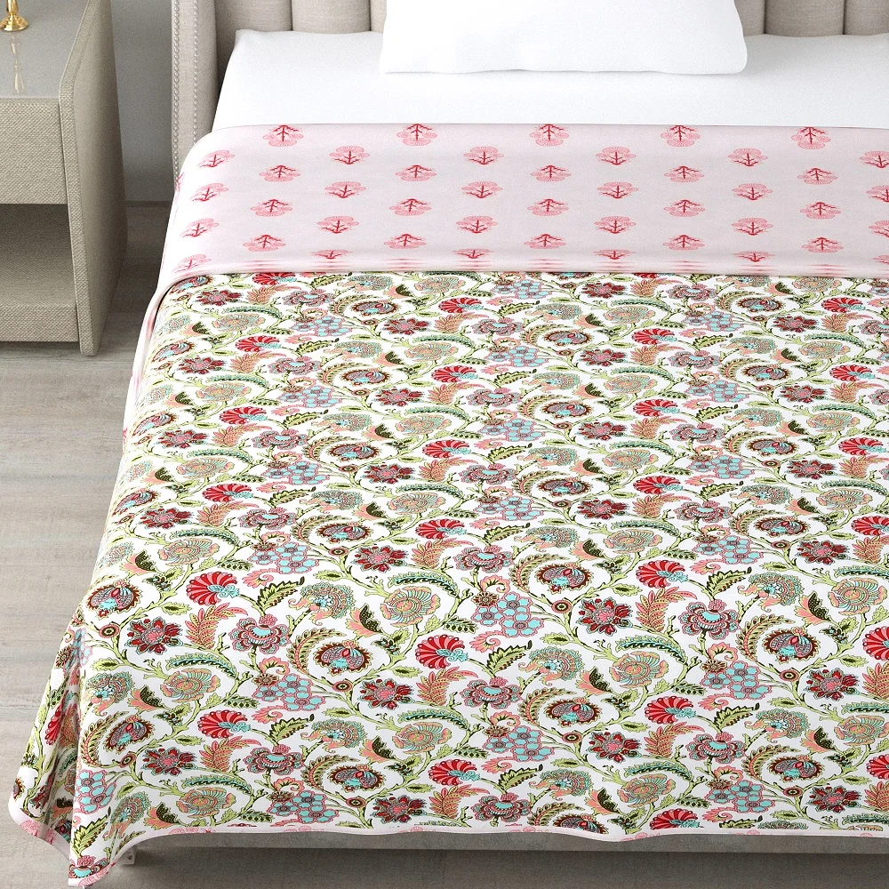 Multicolor Floral Jaal Print Single Bed Reversible Dohars Multicolor Floral Jaal Print Single Bed Reversible Dohars