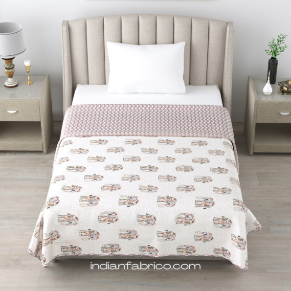 Pink Elephant Leaf Jaal Print Single Bed Reversible Dohar