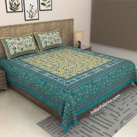 Teal Floral Boota Pure Cotton King Size Bedsheets (108×108)