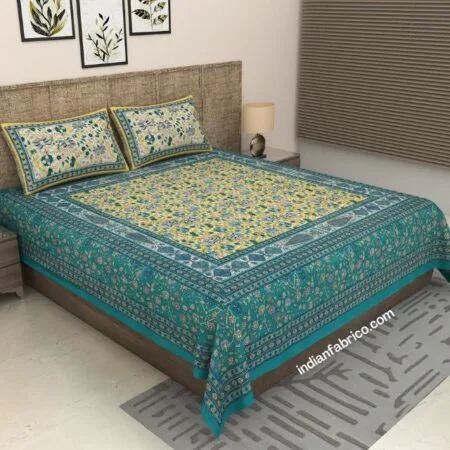 Teal Floral Boota Pure Cotton King Size Bedsheets (108×108)