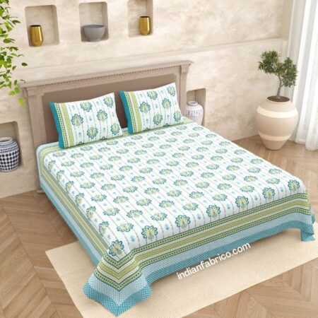 Teal Floral Boota Pure Cotton King Size Bedsheets (108×108)
