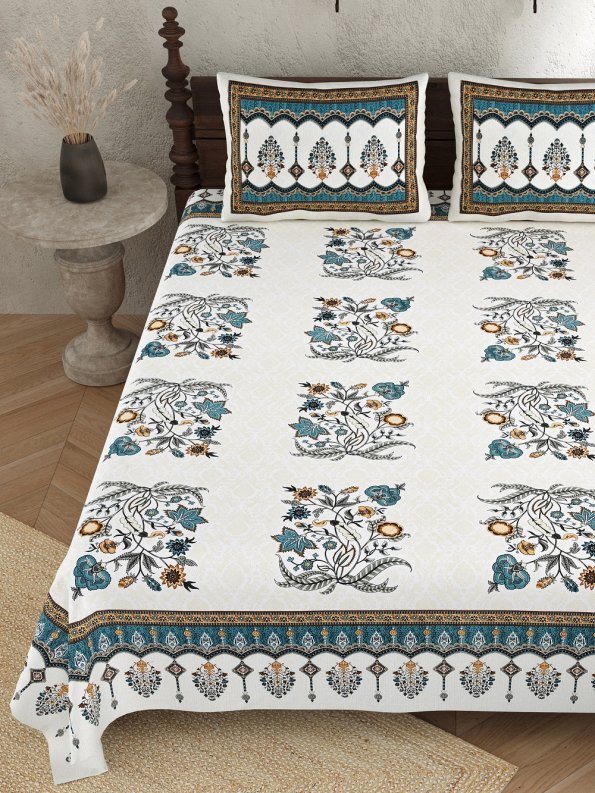Teal Floral Jaal Pure Cotton King Size Bedsheets