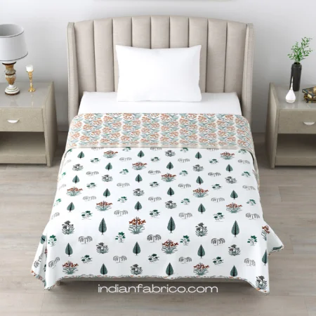 Teal Handblock Boota Jaal Print Single Bed Reversible Dohar