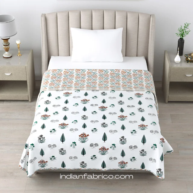 Teal Handblock Boota Jaal Print Single Bed Reversible Dohar Teal Handblock Boota Jaal Print Single Bed Reversible Dohar