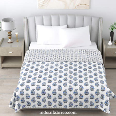 White Base Blue Seashell Pure Cotton Reversible Double Bed Dohar