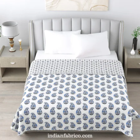 White Base Blue Seashell Pure Cotton Reversible Double Bed Dohar