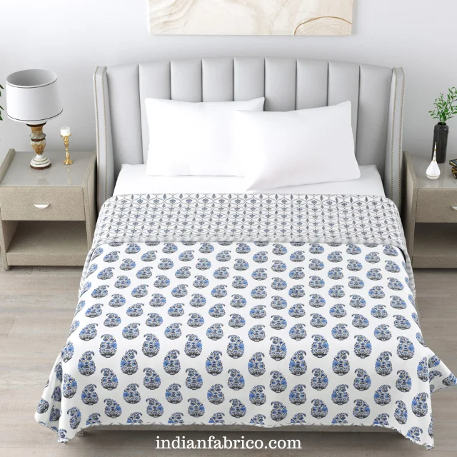 White Base Blue Seashell Pure Cotton Reversible Double Bed Dohar White Base Blue Seashell Pure Cotton Reversible Double Bed Dohar