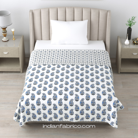 White Base Blue Seashell Pure Cotton Reversible Single Bed Dohar