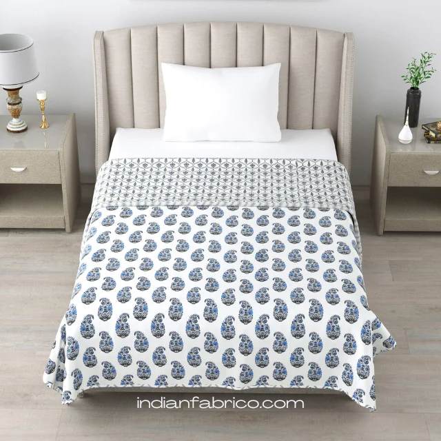 White Base Blue Seashell Pure Cotton Reversible Single Bed Dohar