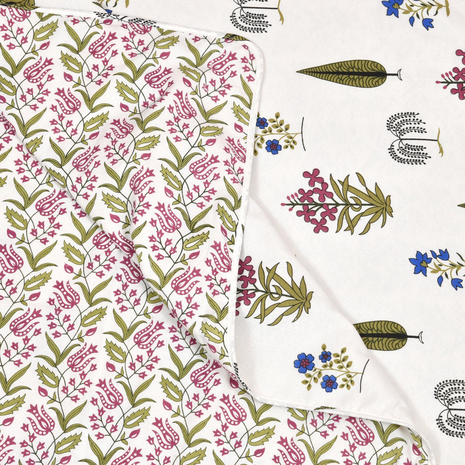 White Base Green Handblock Boota Pure Cotton Reversible Double Bed Dohar Backside