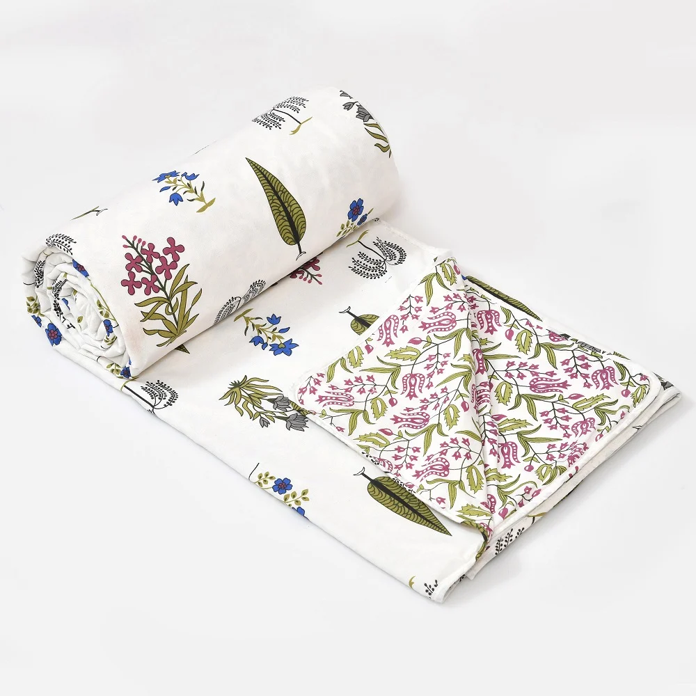 White Base Green Handblock Boota Pure Cotton Reversible Double Bed Dohar Frontview White Base Green Handblock Boota Pure Cotton Reversible Double Bed Dohar Frontview