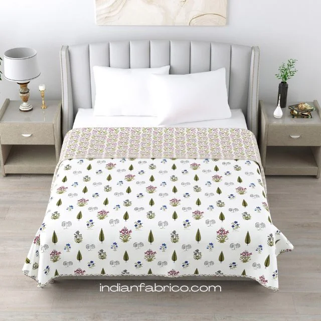 White Base Green Handblock Boota Pure Cotton Reversible Double Bed Dohar White Base Green Handblock Boota Pure Cotton Reversible Double Bed Dohar