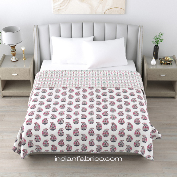 White Base Pink Seashell Pure Cotton Reversible DoubleBed Dohar