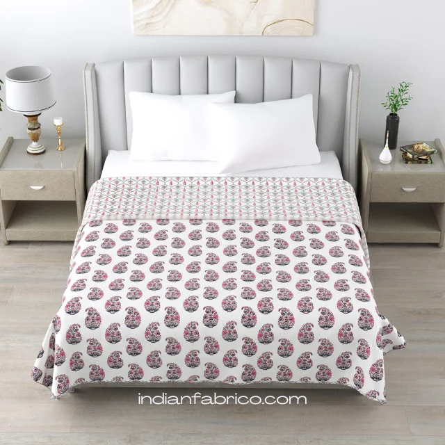 White Base Pink Seashell Pure Cotton Reversible DoubleBed Dohar